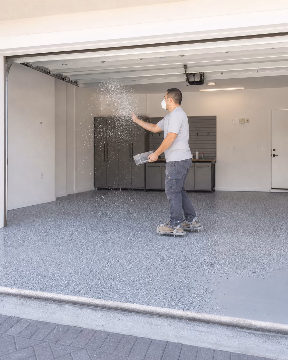 Installer broadcasting gray and white flakes over a garage floor coating
